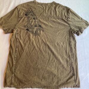 Vintage Dnky Wings V-Neck T Shirt Y2K Tan Brown Drab Embroidered Distressed‎ XL